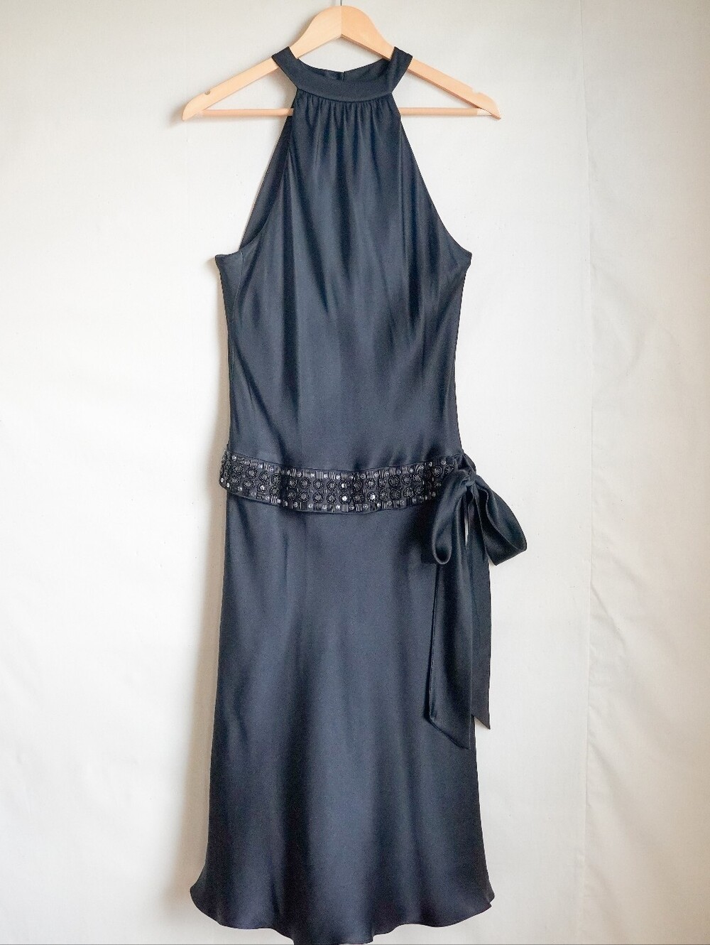 Anne Klein 100% Silk Satin Halter Embellished Drop Waist Bow Dress Size 10